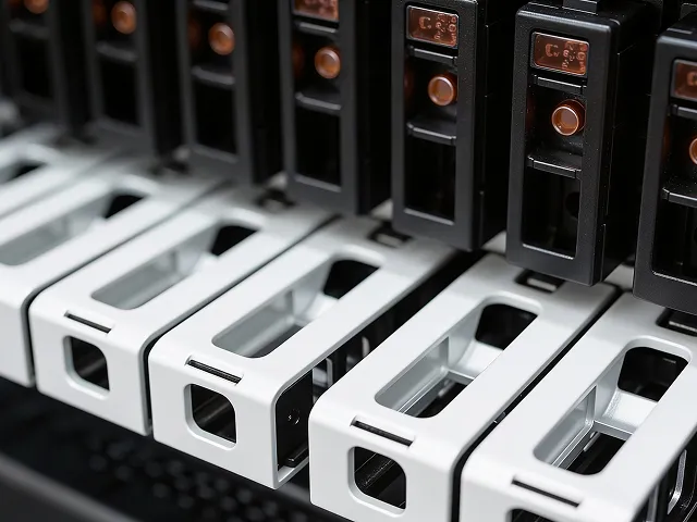 Close-up of a server rack displaying multiple servers with blinking lights and connected cables