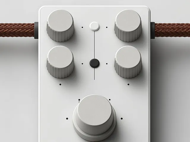 A white and brown control panel featuring buttons and a cord for connectivity

