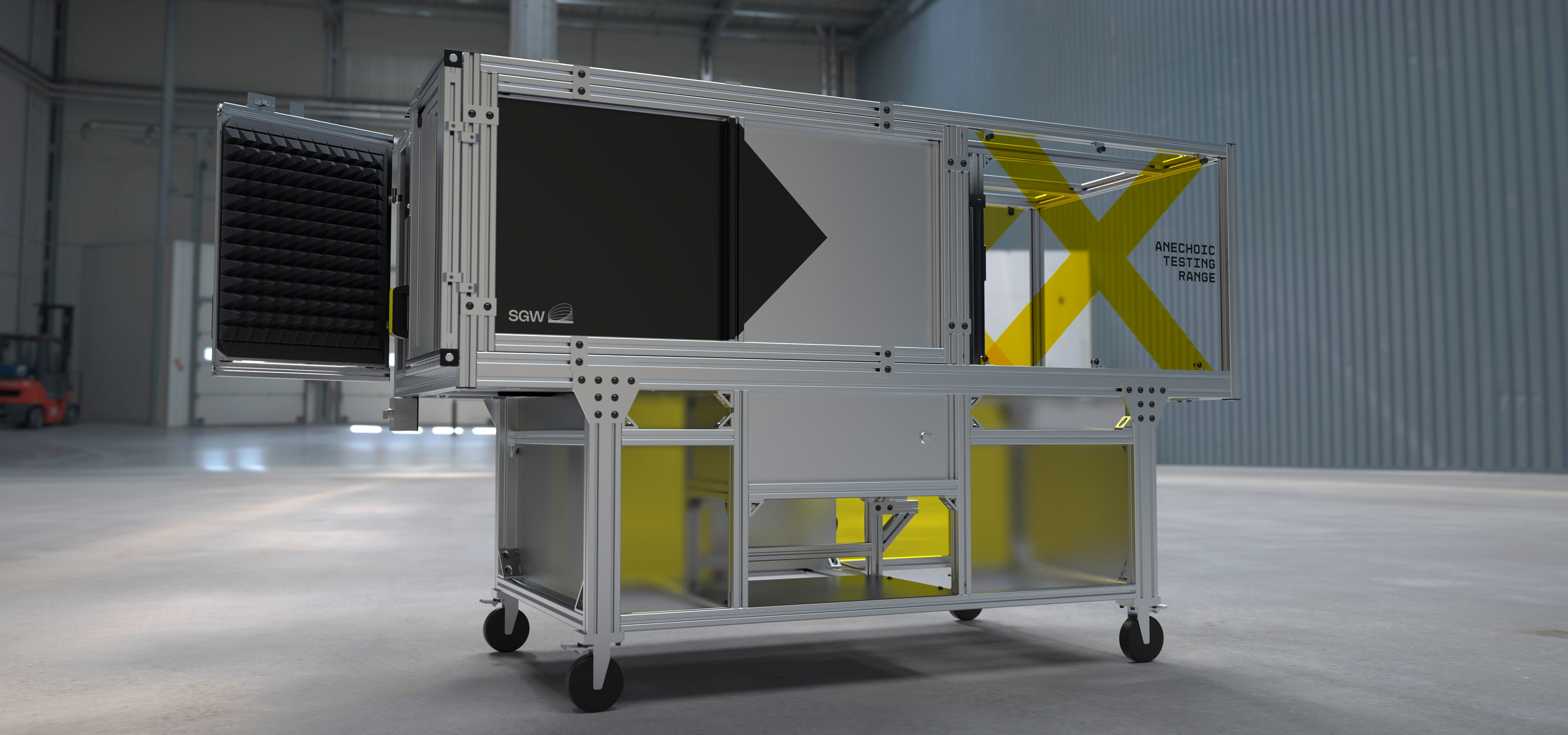 Compact RF chamber with integrated fixturing and waveguides, built for high-throughput radar testing.