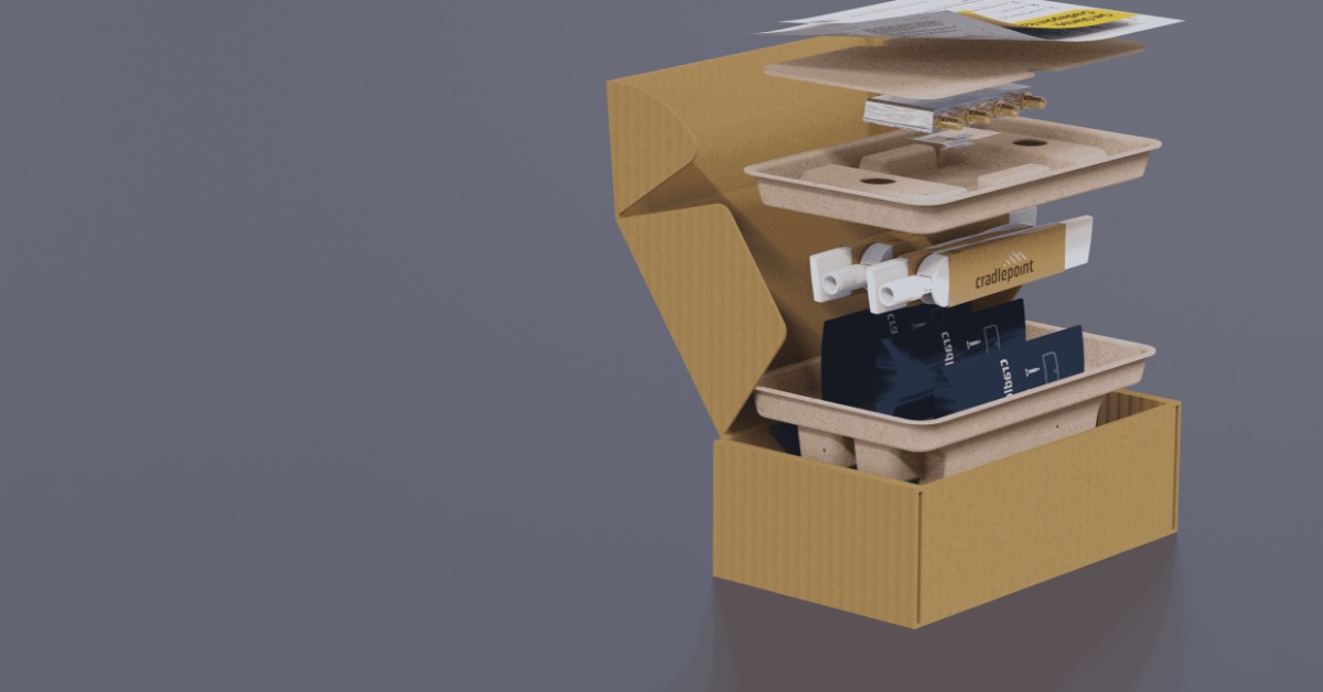 Exploded product rendering showing protective packaging and internal components, illustrating how equipment is organized and secured for shipment.
