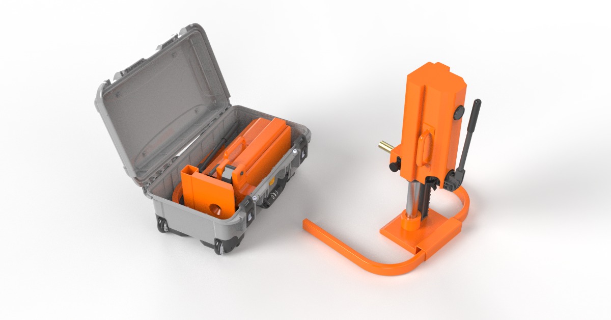 Orange portable drilling machine stands beside an open wheeled case holding its packed components on a white background.