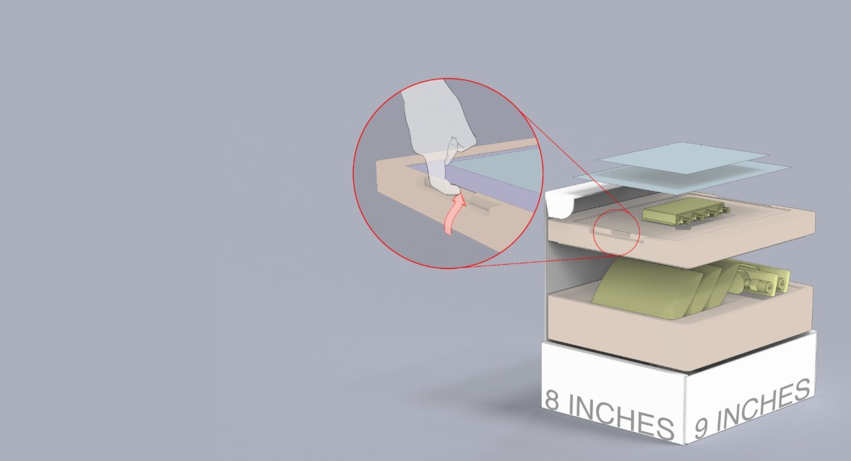 Exploded view of a layered device with an inset showing a foot lifting a front tab; base marked 8 by 9 inches.