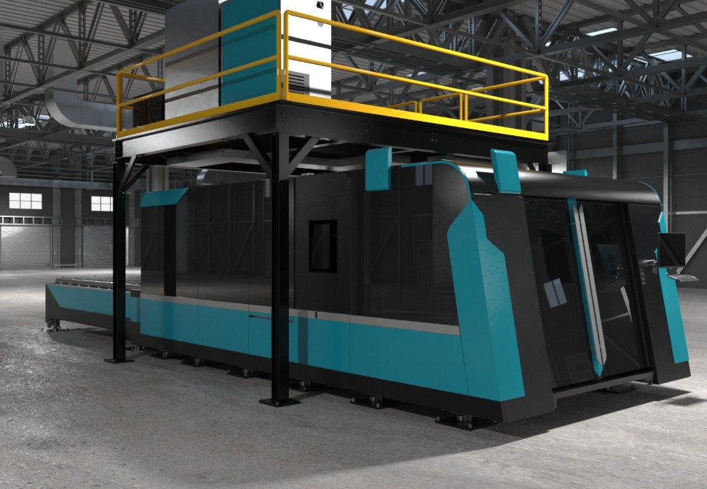 Mockup of a large teal-and-black industrial machine in a factory, with an elevated platform and yellow safety rails.