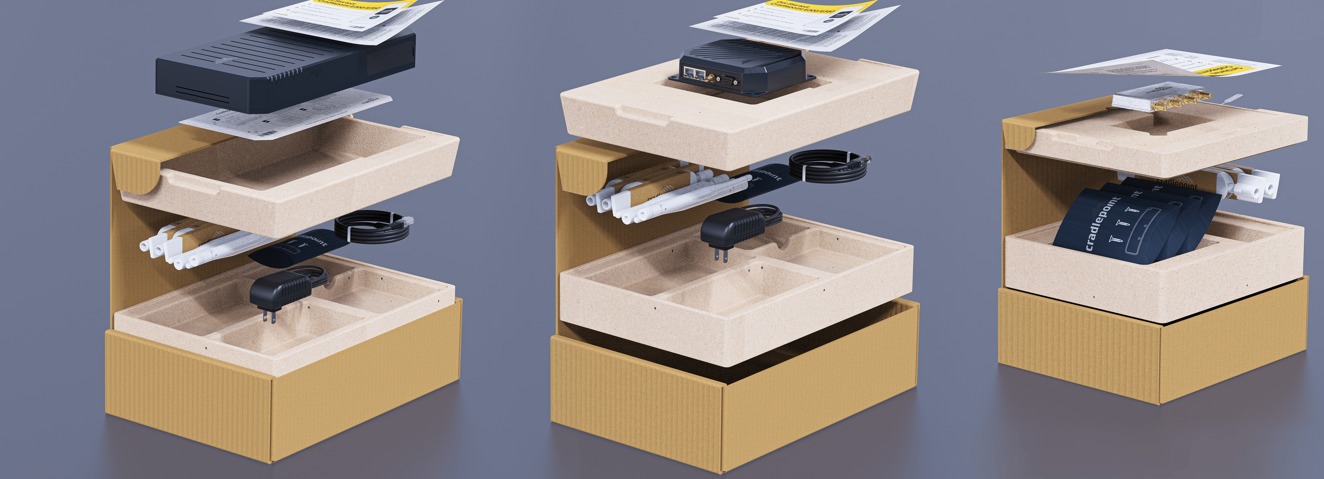 Three packaging configurations display electronic components, accessories, documents, and protective foam inside boxes.