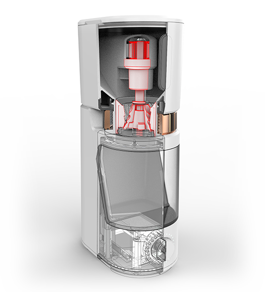 Cutaway rendering of a compact device reveals an internal red-and-white mechanism above a transparent lower chamber.