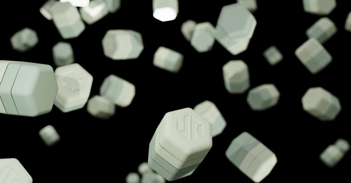 Pale geometric modules float across a black background, with one stacked hexagonal unit sharply focused in front.