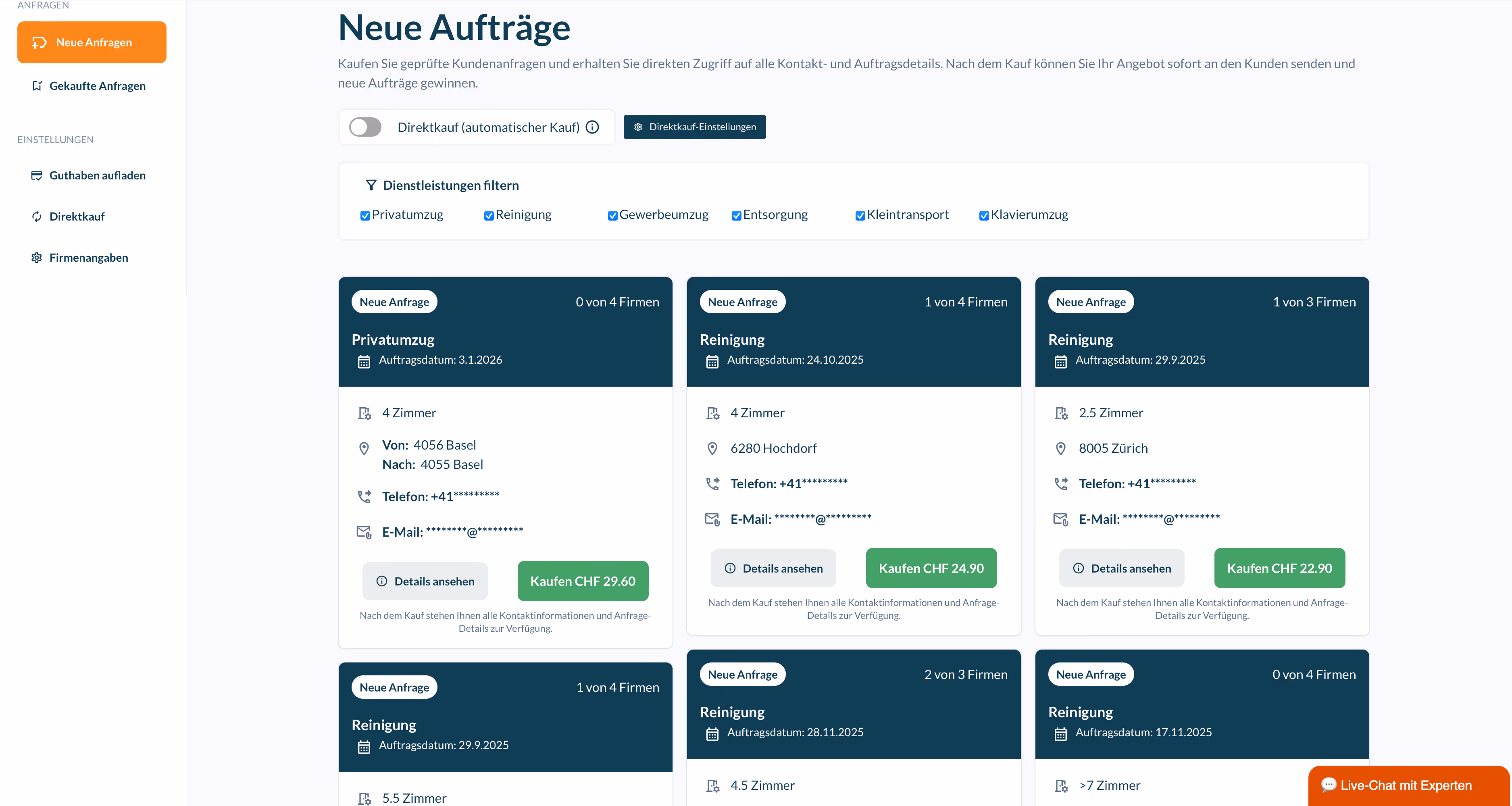 Anfragen kaufen für Umzug & Reinigung