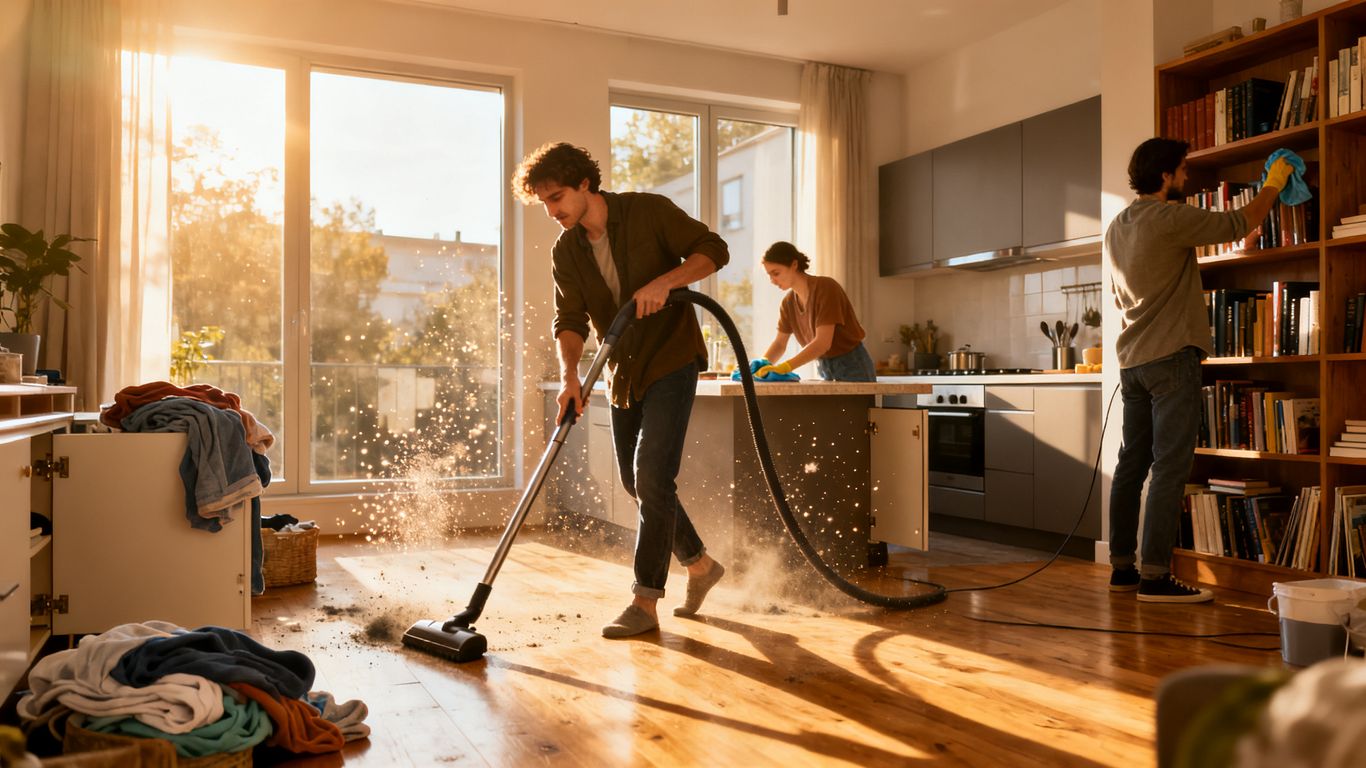 Reinigung einer 4.5 Zimmer Wohnung mit Menschen und Sonnenlicht.