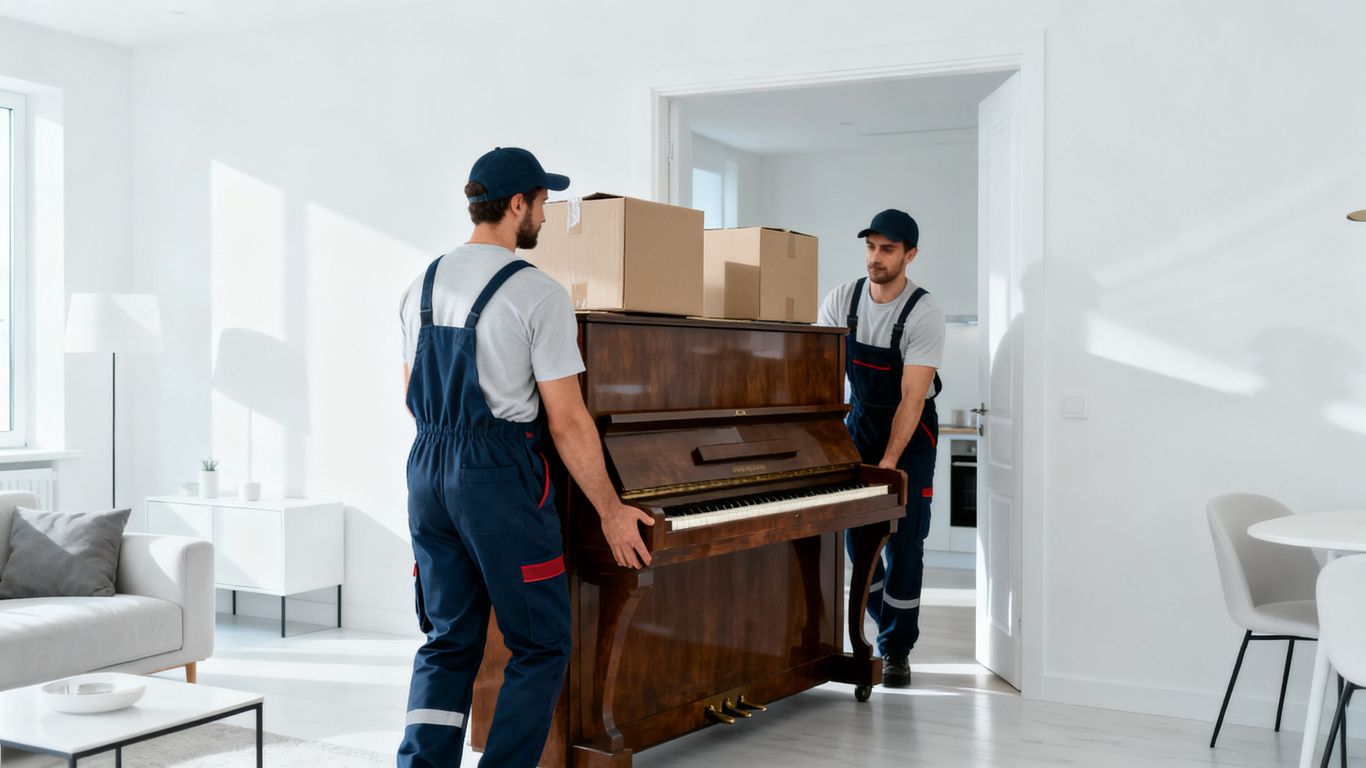 Umzugshelfer transportieren Klavier in weißer Wohnung professionell.