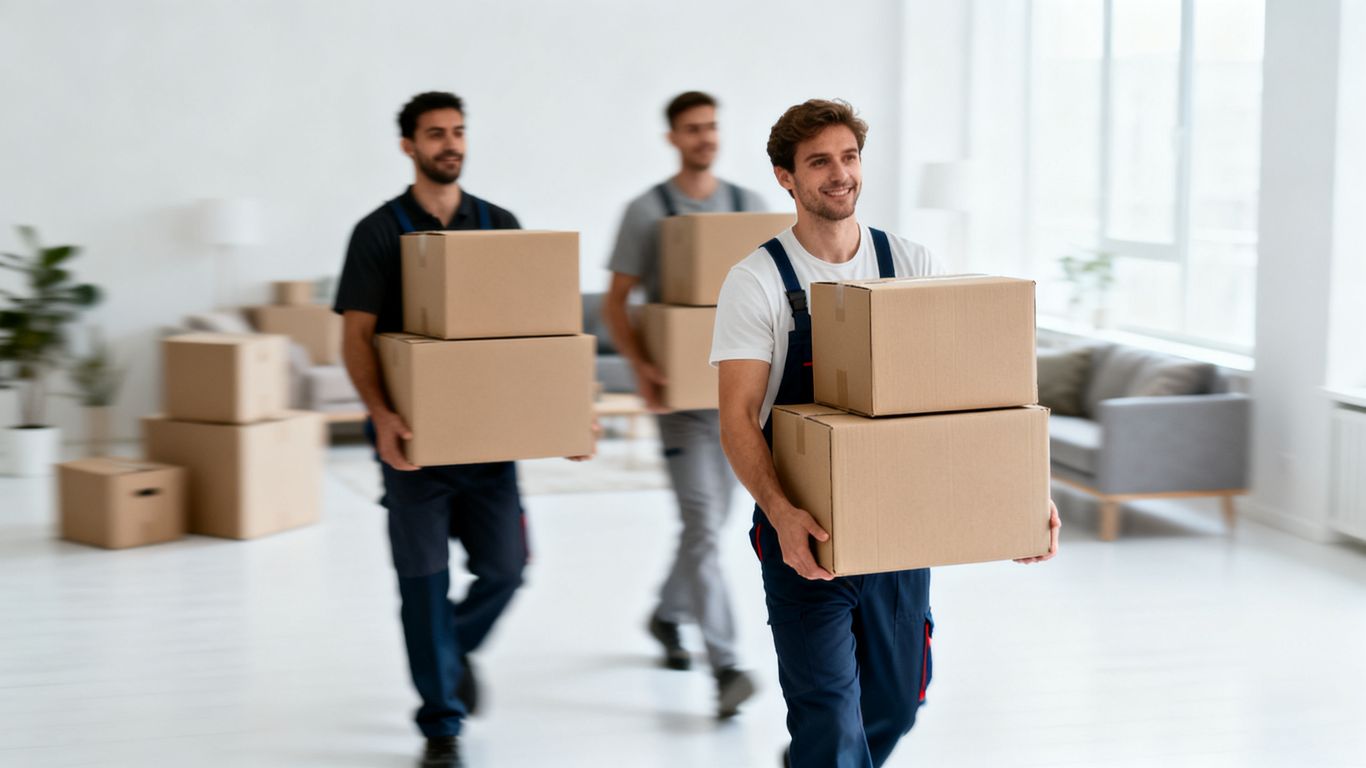 Möbelpacker tragen Kartons in einer Wohnung.