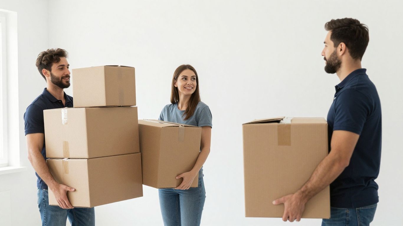 Möbelpacker tragen Kartons in einem sauberen Apartment.