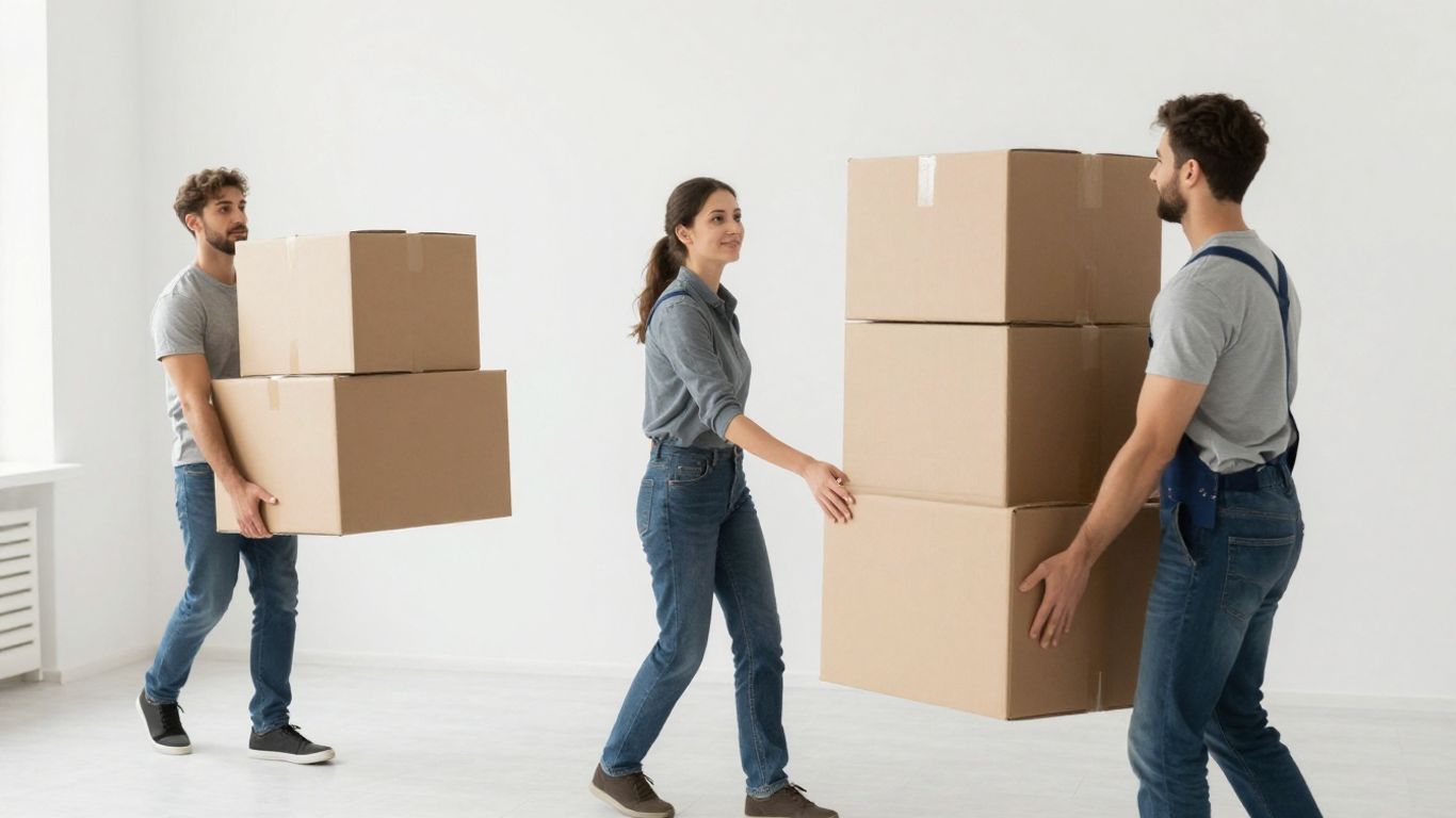Umzugshelfer tragen Kartons in eine Wohnung.