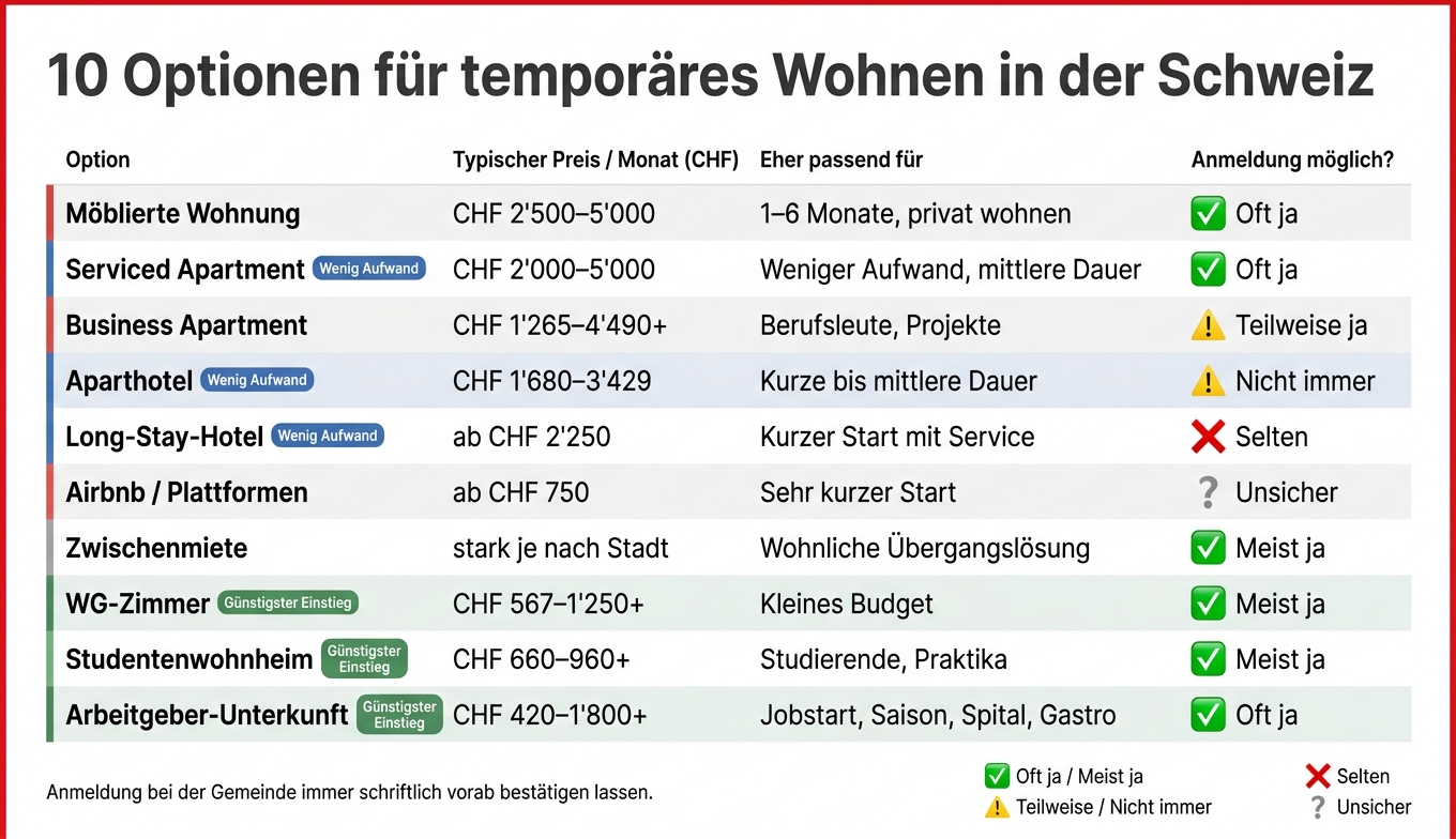 10 Optionen für temporäres Wohnen in der Schweiz: Kosten & Eignung im Überblick