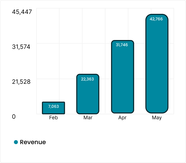 Bar chart showing revenue growth from $7,063 in February to $42,766 in May, totaling $42,613 over 4 months with a ROAS of 8.3.