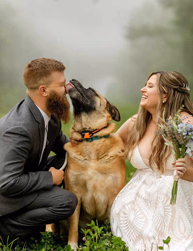 A bride and groom posing for a photo with their dog