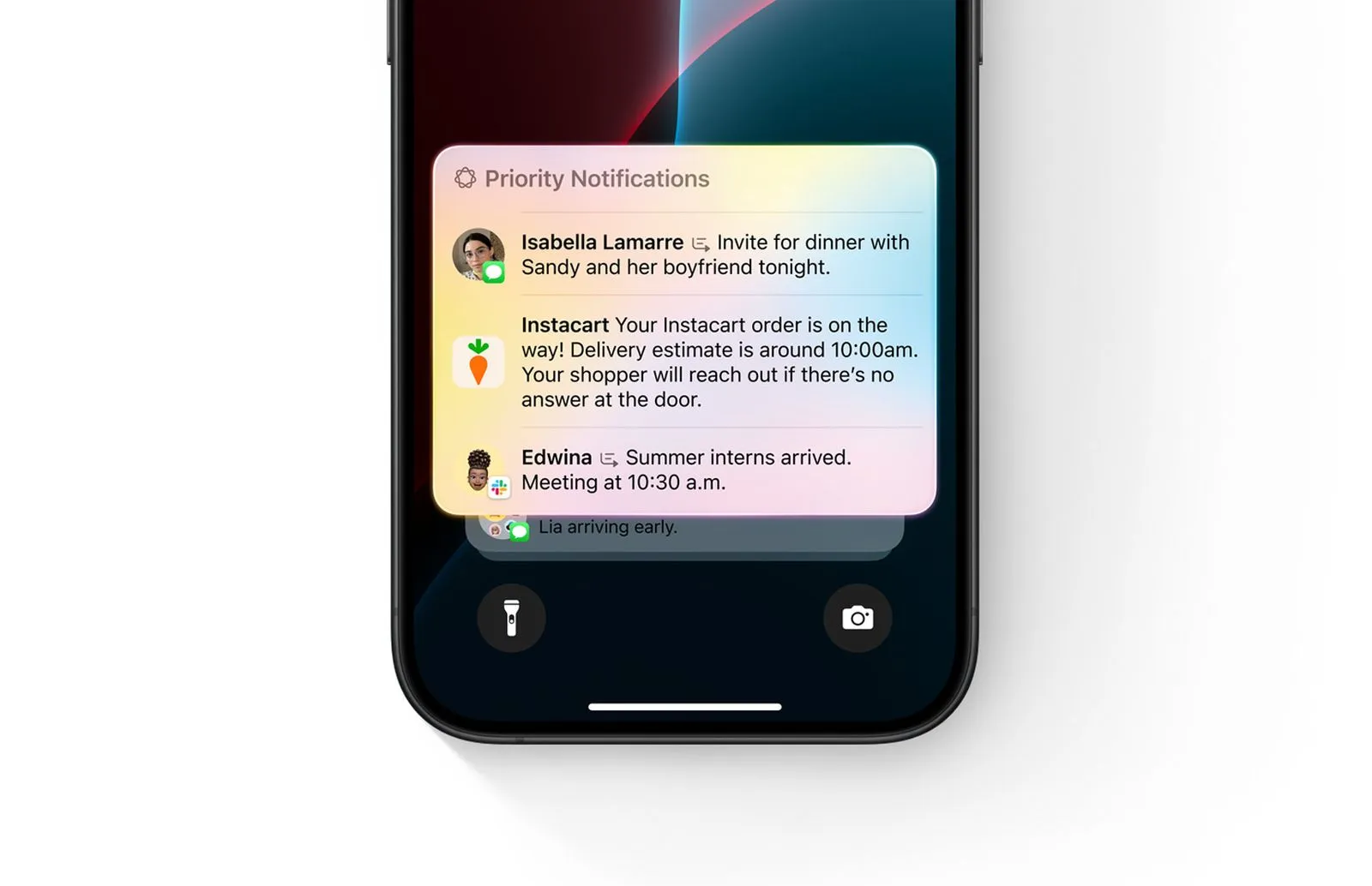 A screenshot showing Priority Notifications. In this case, a message with a dinner invitation is shown as most important.
