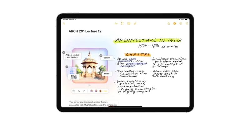 Notes in iPad showing how suggested prompts help the user find the right illustration to accompany the text.