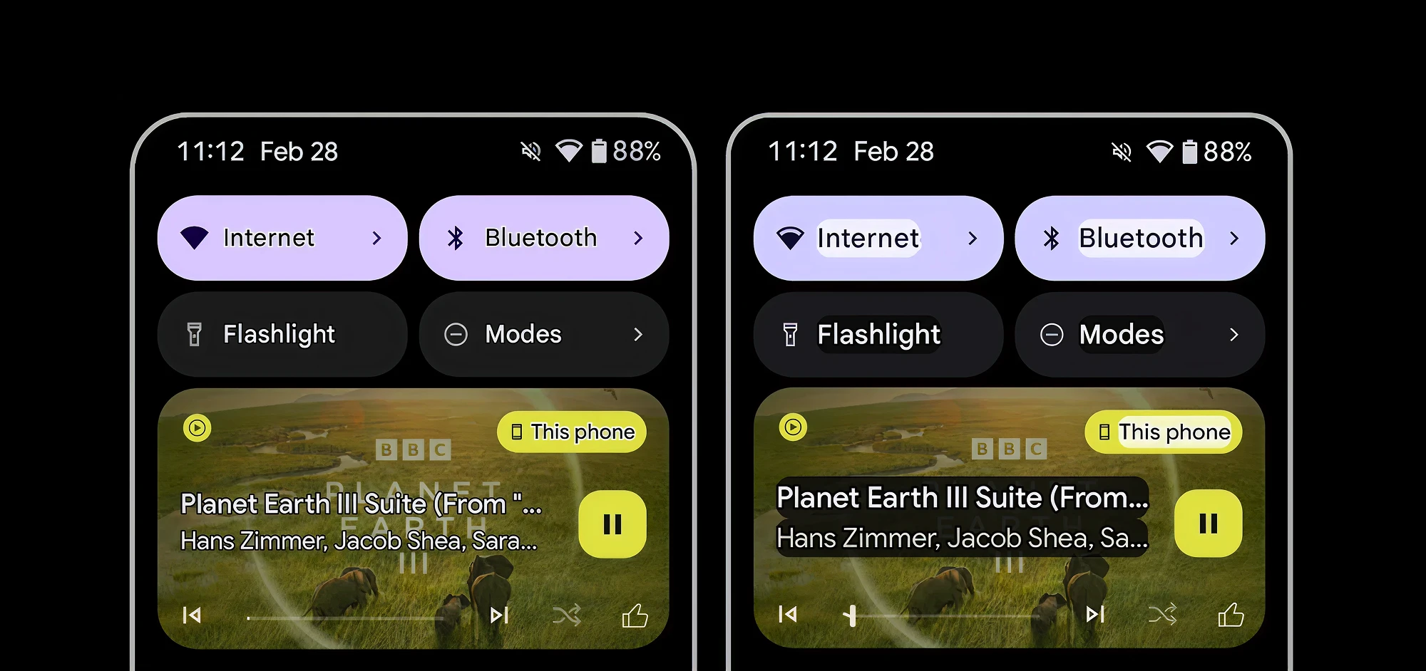 Comparison of Android quick settings before and after enabling Android 16's new Outline Text accessibility feature. The left side shows standard text with low contrast and faint borders. The right side shows improved text with bold outlines, increasing contrast and legibility against a dark background. Elements include Internet, Bluetooth, Flashlight, Modes, and a music player with the song 'Planet Earth III Suite.' The image demonstrates how Outline Text enhances readability for users with visual impairments.