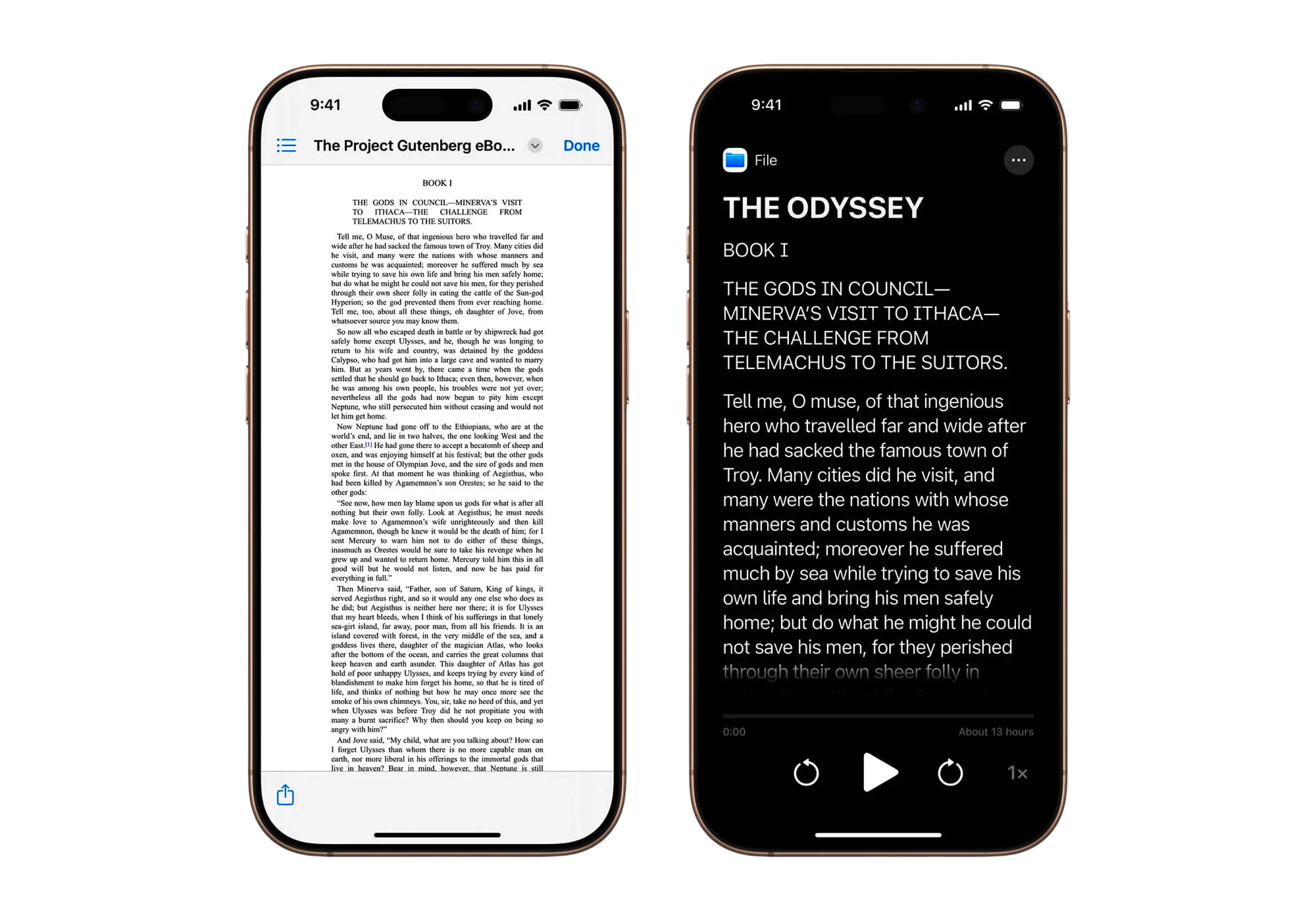 Side-by-side image of two iPhones demonstrating Apple's new Accessibility Reader mode. The left phone shows a densely packed page of small text in a traditional eBook format. The right phone displays the same content in Accessibility Reader mode: large, high-contrast white text on a black background with clear spacing. The interface includes playback controls at the bottom, indicating the text can be read aloud.