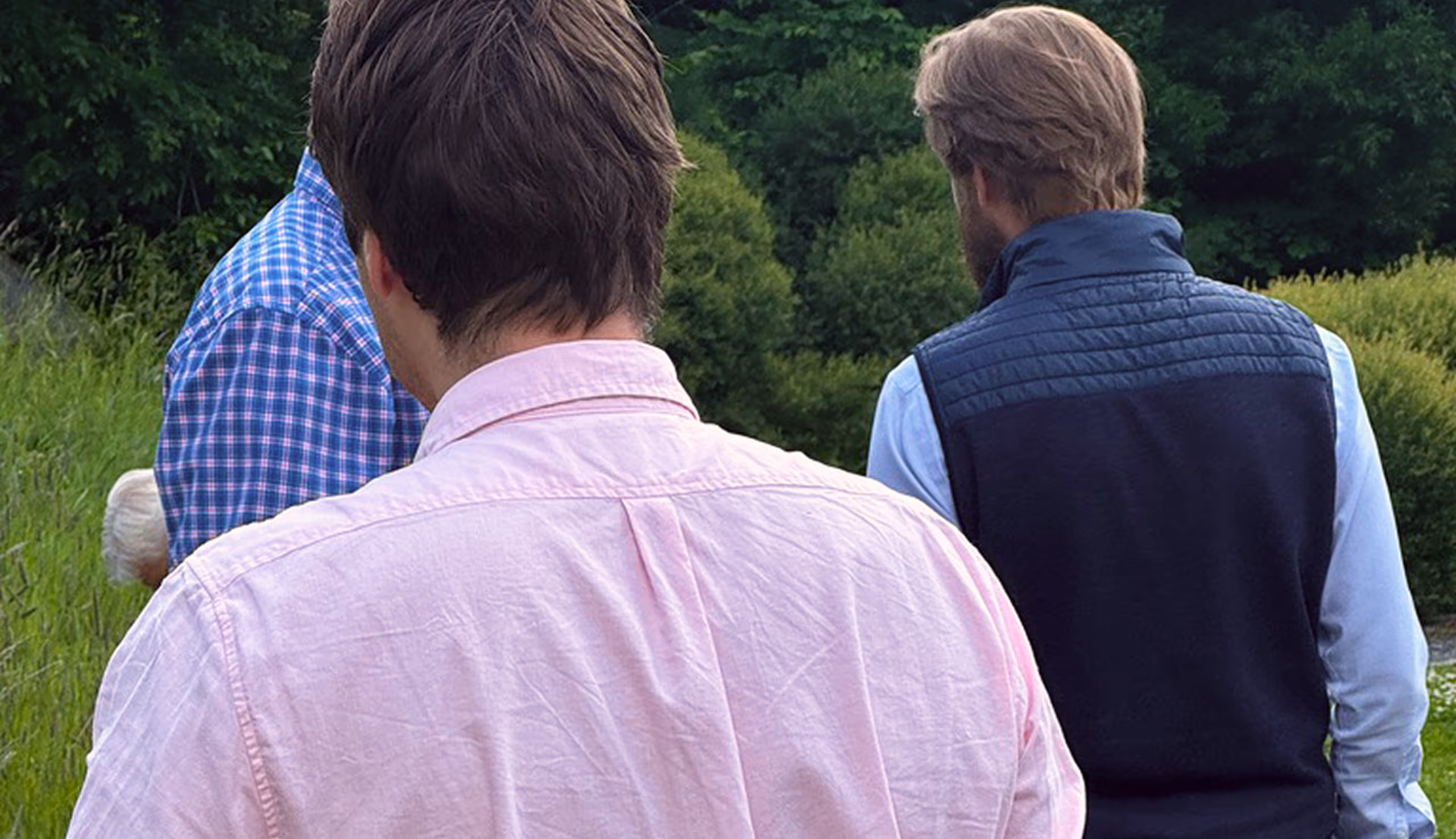 Tre menn bakfra går gjennom et grønt utendørsområde, iført rosa skjorte, blå rutete skjorte og marineblå vest