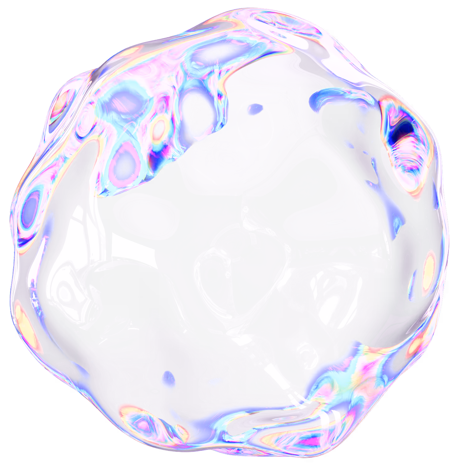 Abstract shiny purple and iridescent uneven spherical object with luminous blue, pink, and orange highlights.