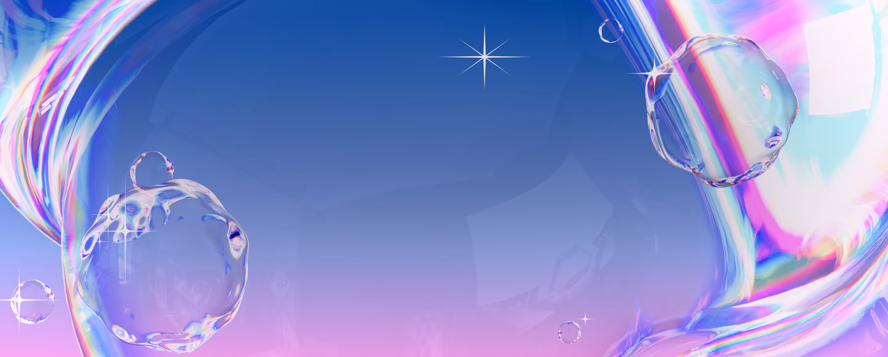 Abstract iridescent bubbles and flowing shapes against a blue to pink gradient background with star-like glimmers.