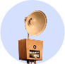 Vintage gramophone with a large brass horn and a wooden base against a light blue circular background.