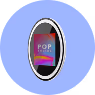 Oval-shaped mirror with a digital screen displaying 'POP SOCIAL' on a purple background, set against a light purple circular backdrop.