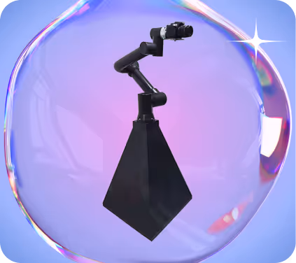 Black robotic arm with a camera mounted on top, set against a purple and blue gradient background enclosed in a translucent bubble.