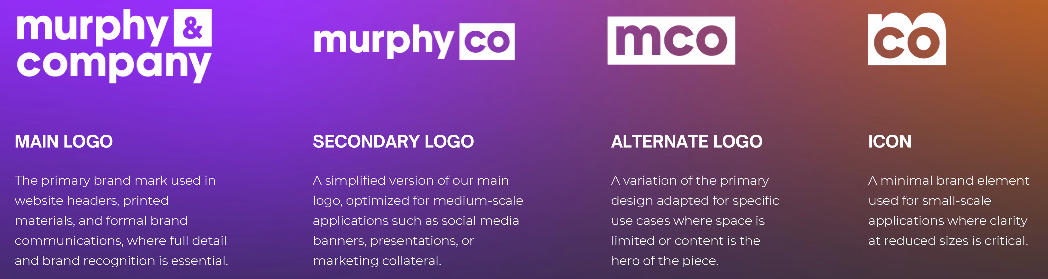 Four logos for Murphy & Company on a purple to brown gradient background: main logo with 'murphy & company' in white with '&' in a box; secondary logo 'murphy' with 'co' in a box; alternate logo 'mco' in white box; and icon 'co' in white box on brown background, each described with usage guidance below.