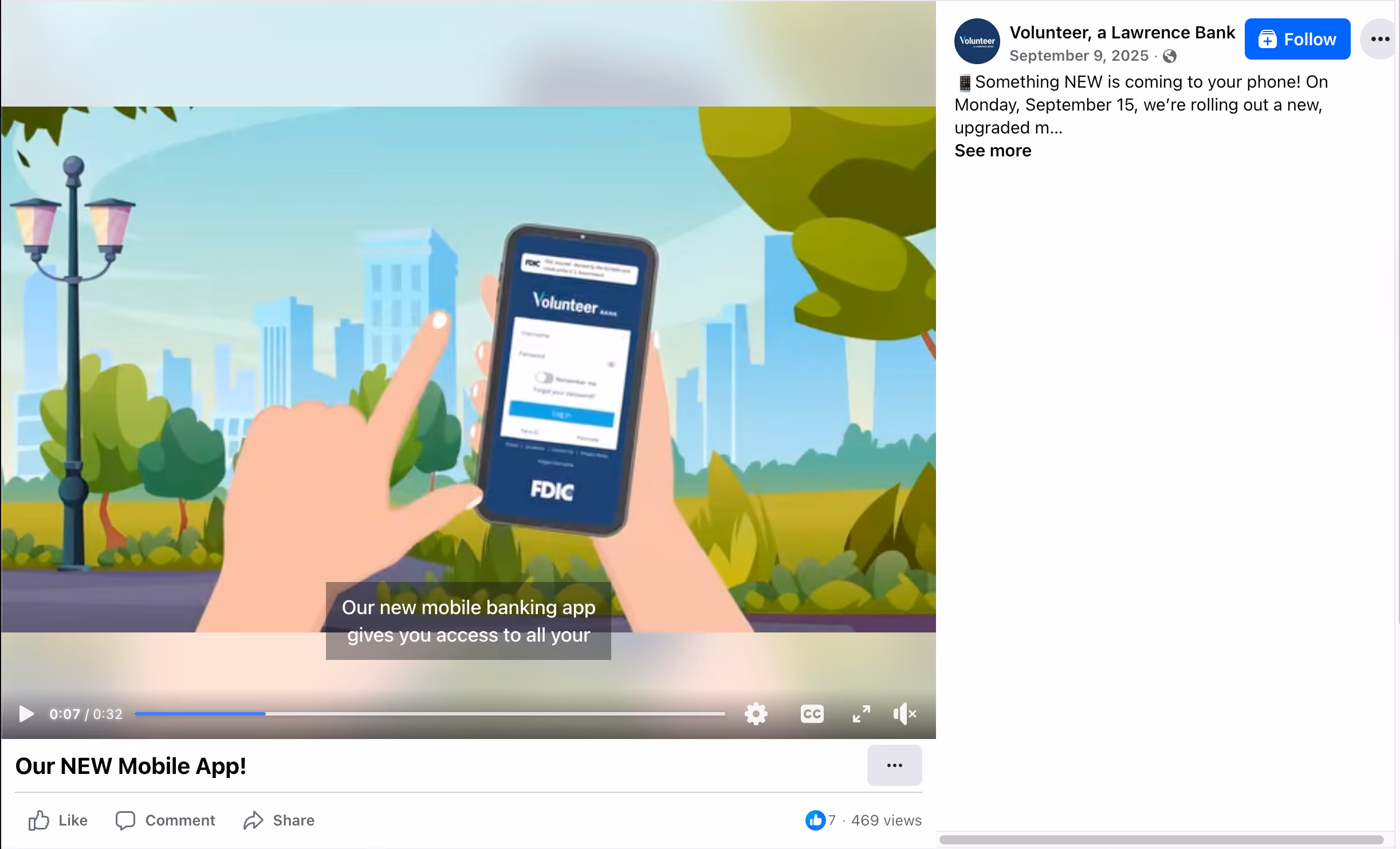 Illustration of hands holding a smartphone displaying a mobile banking app login screen labeled Volunteer Bank with FDIC logo, set against an outdoor park background with trees and city buildings.