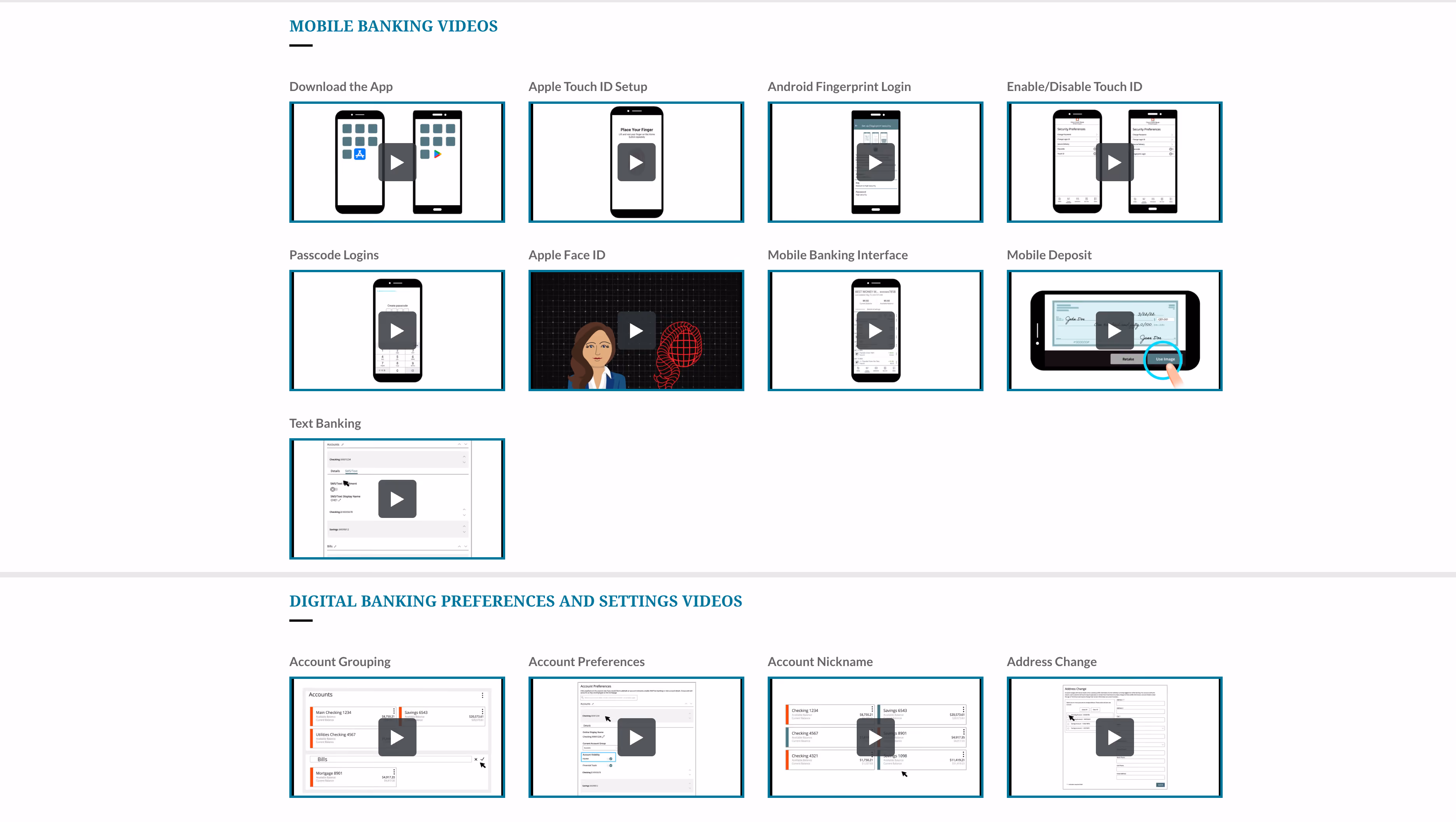 Webpage section titled 'Mobile Banking Videos' and 'Digital Banking Preferences and Settings Videos' showing thumbnail images of video tutorials for various banking features, including app download, Touch ID setup, fingerprint login, face ID, mobile deposit, text banking, account grouping, preferences, nicknames, and address changes.