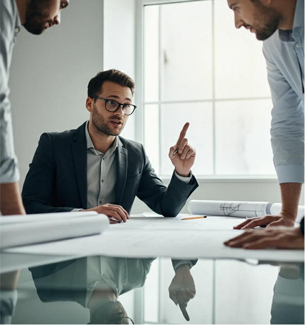 Ein Mann im Anzug mit Brille erklärt etwas und hebt dabei einen Finger, während zwei andere Männer einem Tisch mit Bauplänen überblicken.