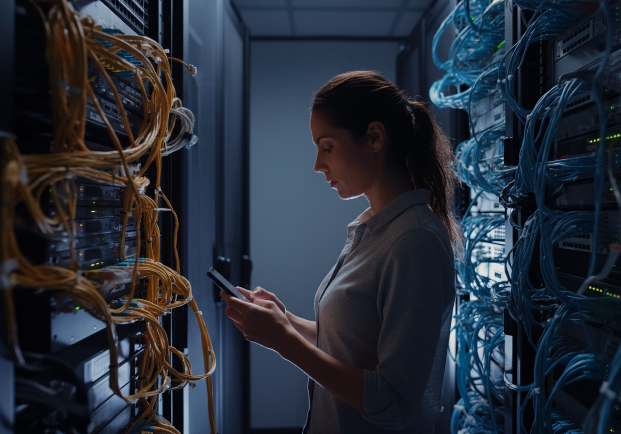 Frau in einem Serverraum, die auf ihr Smartphone schaut, umgeben von Netzwerkkabeln und Servern.