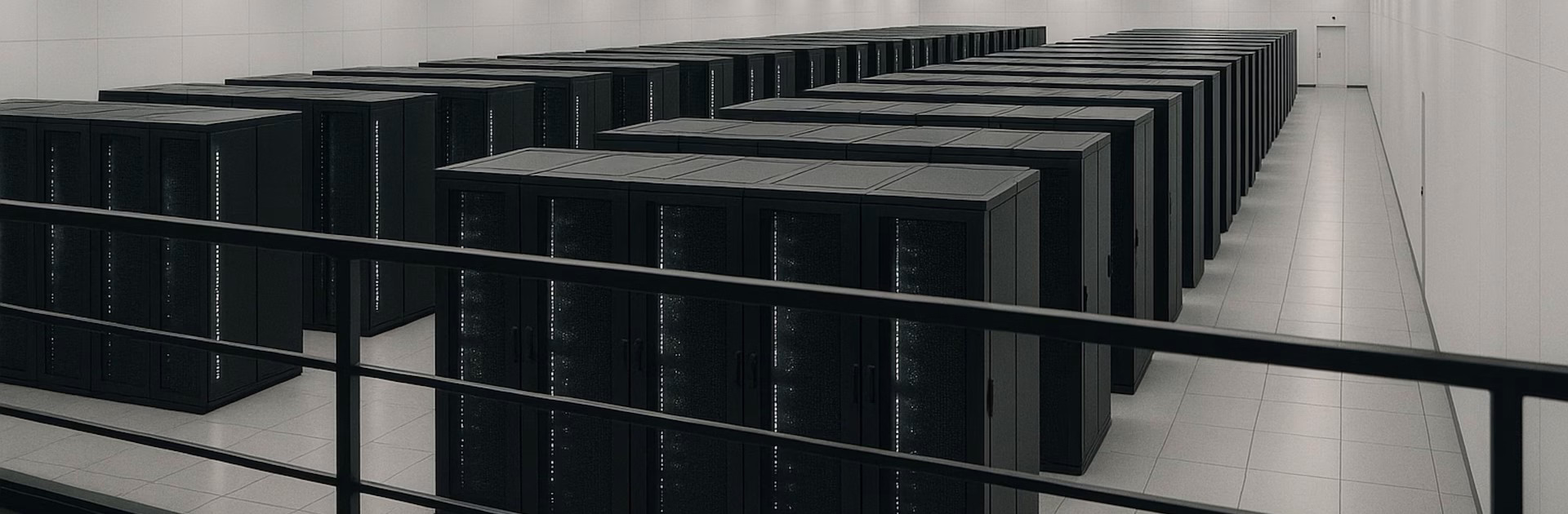 Großer Serverraum mit mehreren Reihen schwarzer Server-Racks und Fliesenboden.