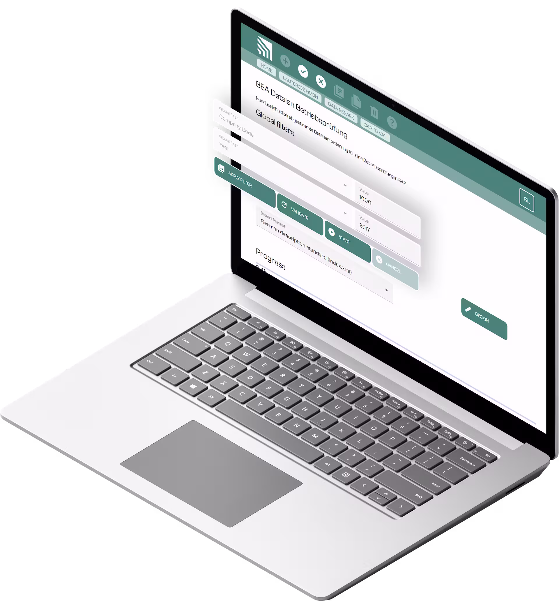 Silberner Laptop mit geöffneter Software zur Betriebsprüfung von BEA-Dateien in SAP, Filteroptionen für Firmen-Code und Jahr sind sichtbar.