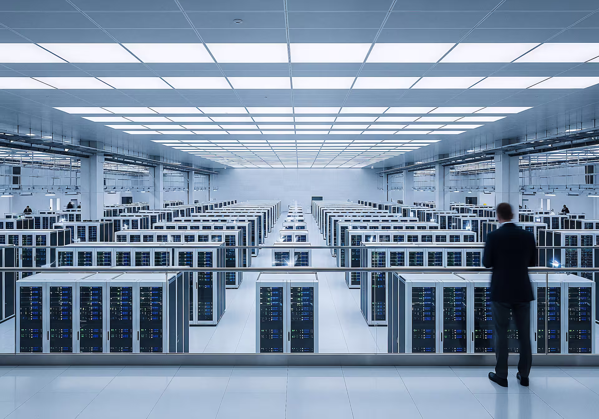 Großes, modern ausgestattetes Rechenzentrum mit mehreren Reihen von Server-Racks und einem Mann in schwarzem Anzug, der von einem erhöhten Bereich schaut.