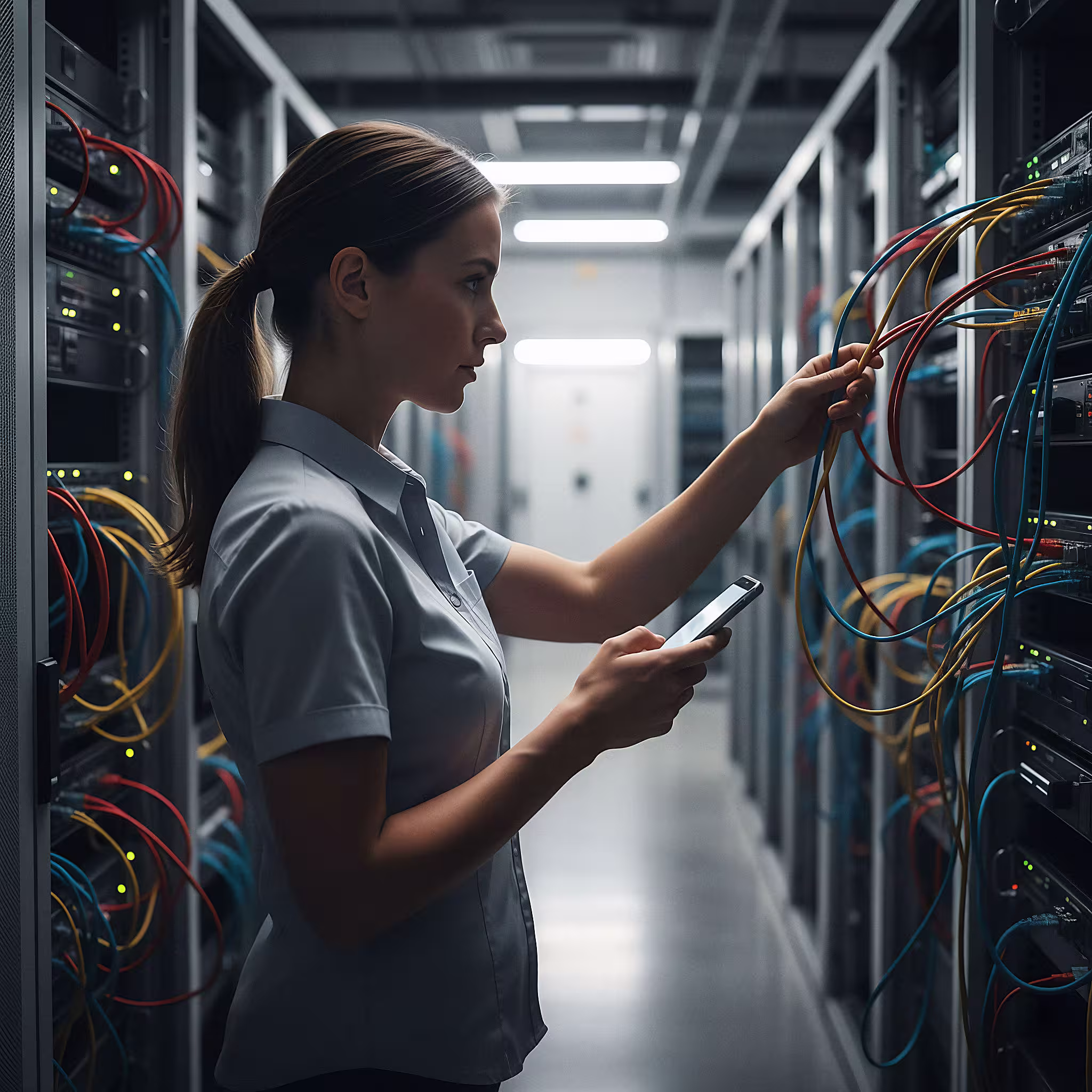 Technikerin überprüft Kabelverbindungen in einem Serverraum, während sie ein Smartphone hält.