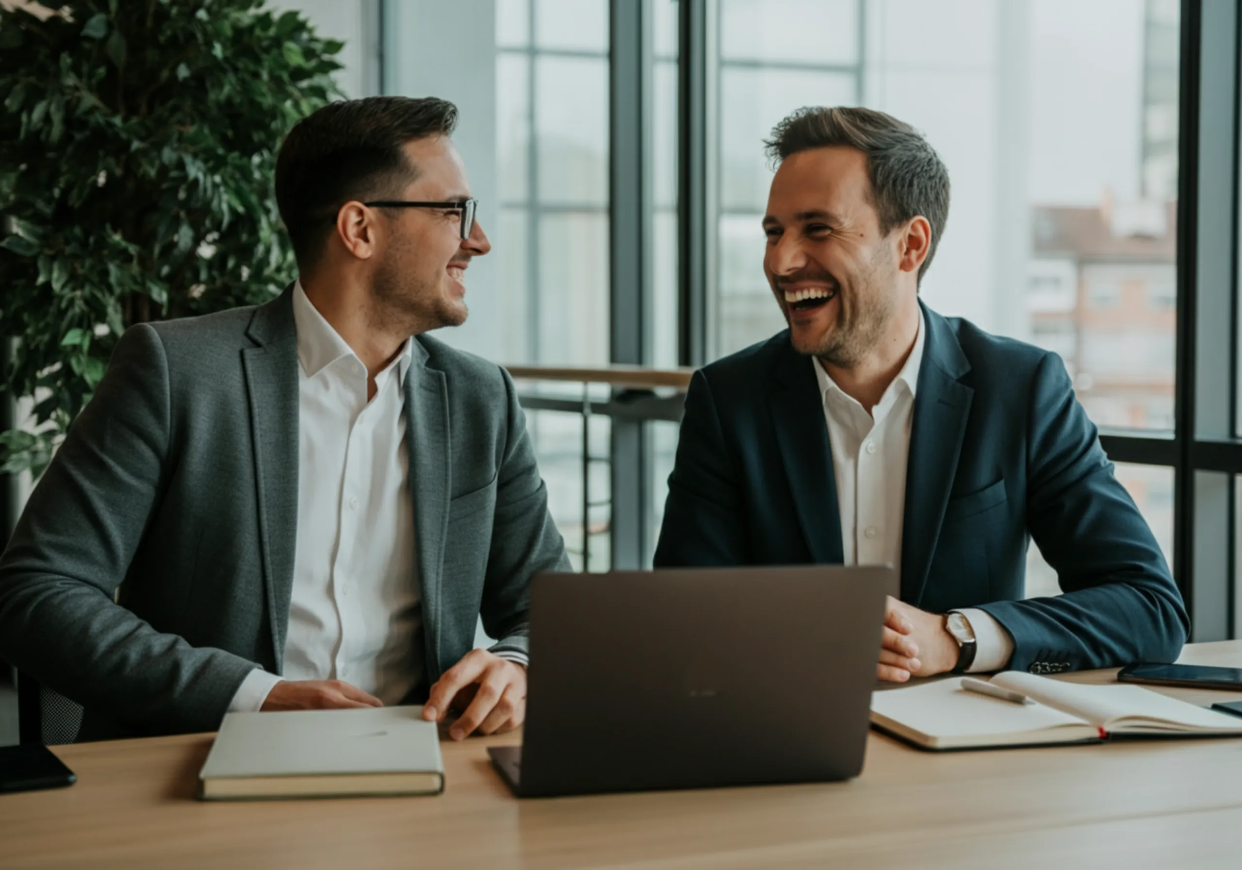 Zwei lächelnde Geschäftsmänner in Anzügen sitzen an einem Schreibtisch mit Laptop und Notizbüchern in einem modernen Büro.