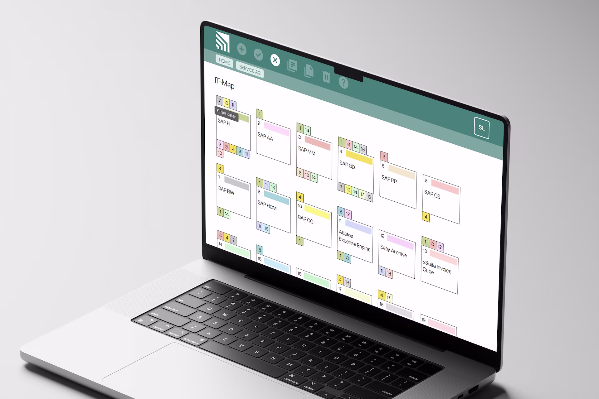 Laptop mit geöffneter Bildschirmansicht einer IT-Map, die verschiedene SAP-Module und -Anwendungen in farblich markierten Feldern zeigt.
