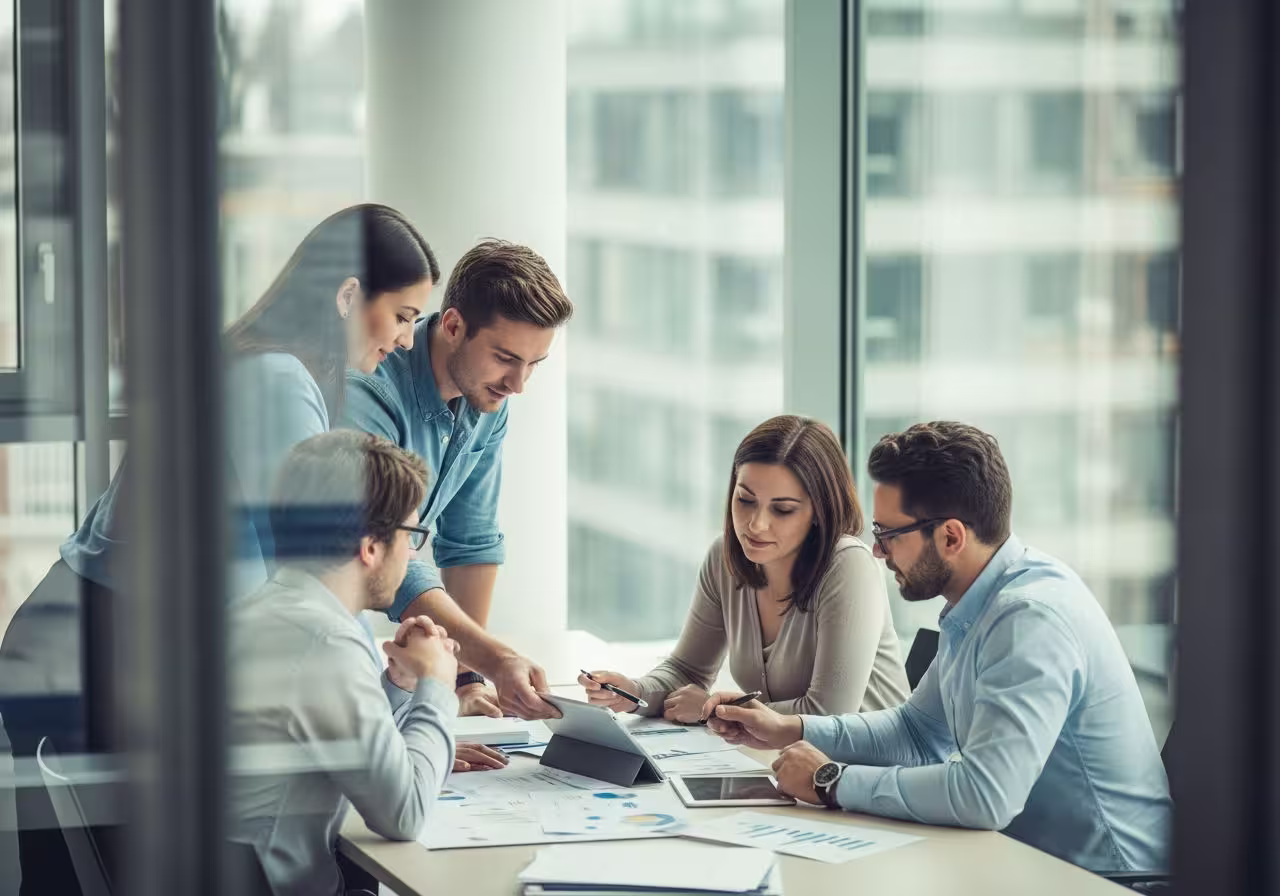 Das Team eines Bankinstituts bespricht die erfolgreiche Umsetzung der Stilllegung eines komplexen IT Systems durch hervorragende Arbeit von Lautersee GmbH.