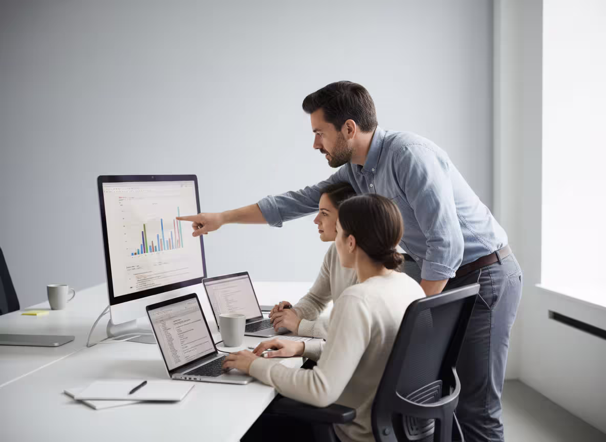 Zwei Mitarbeitende eines europaweit tätigen Versicherungsunternehmens besprechen die aktuelle Situation und wie ein revisionssicherer Zugang für ihre Betriebsprüfer bereitgestellt werden kann.