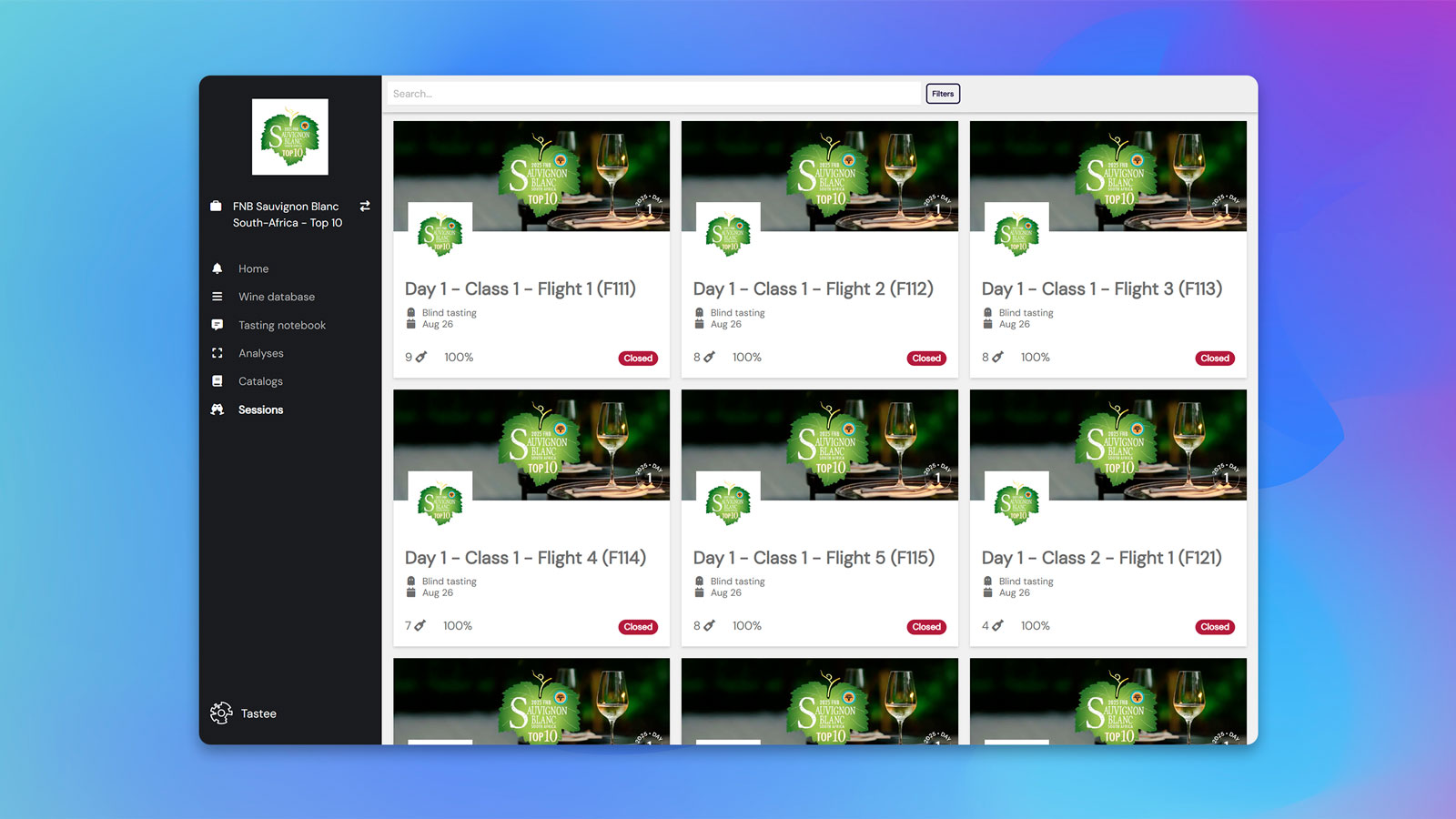 Screenshot of the Tastee interface, showing the tasting flights created for the 2025 FNB South Africa Sauvignon Blanc Top 10 competition.