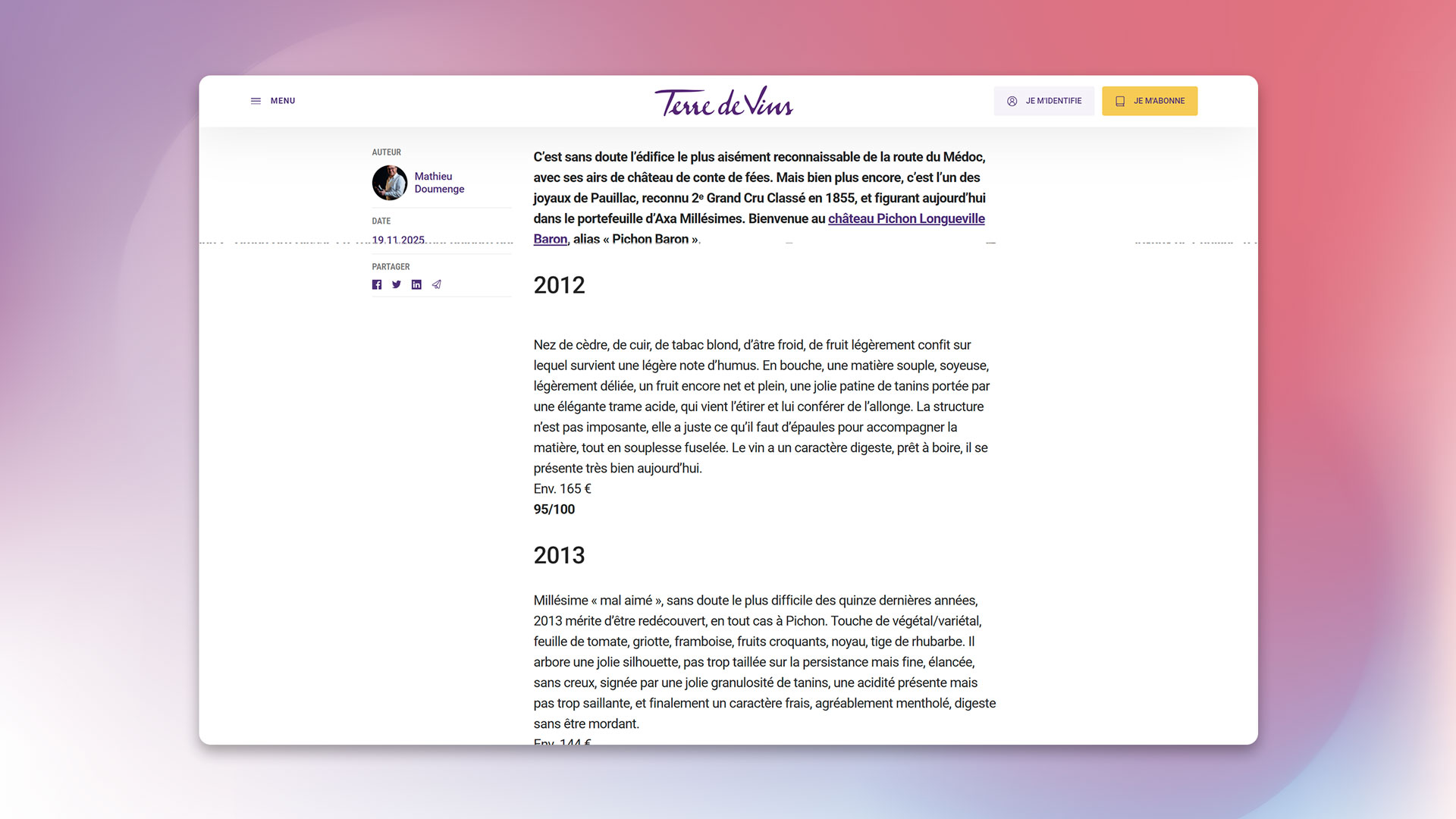Capture d’écran du site Terre de Vins présentant des commentaires et notes de dégustation détaillés pour un vin.