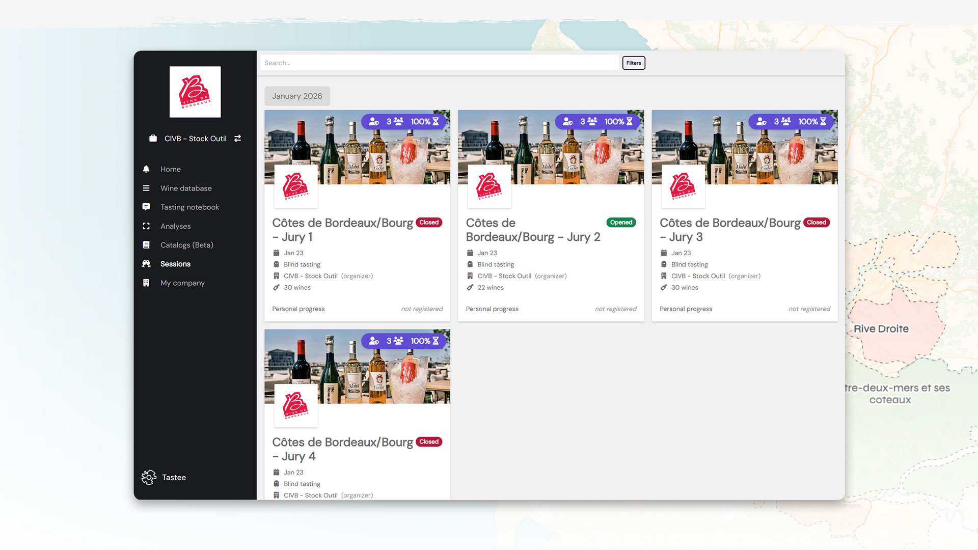 Tastee interface showing all tasting sessions created for the Côtes de Bordeaux / Côtes de Bourg appellations as part of the CIVB Stock Outil program.