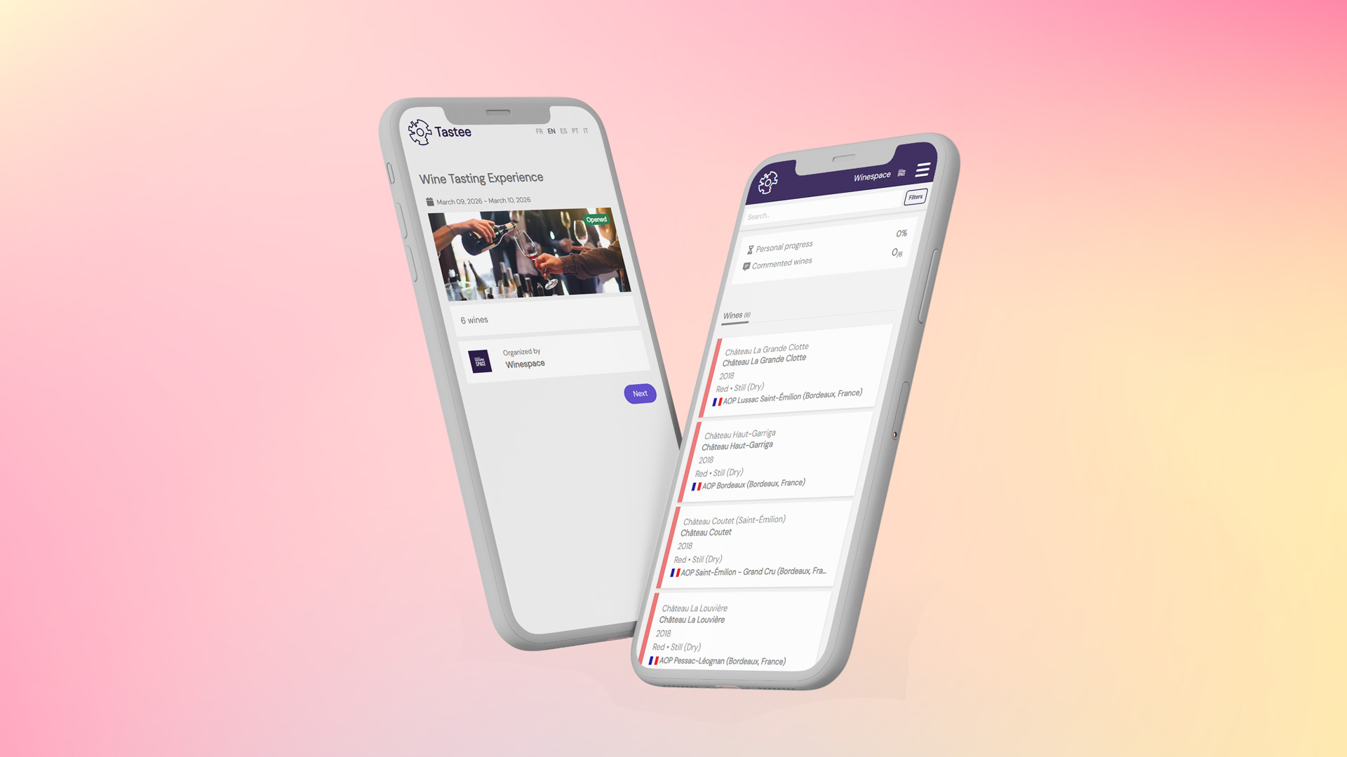 Cuaderno de cata digital Tastee en móvil, con la lista de vinos y las notas de cata para un evento vinícola