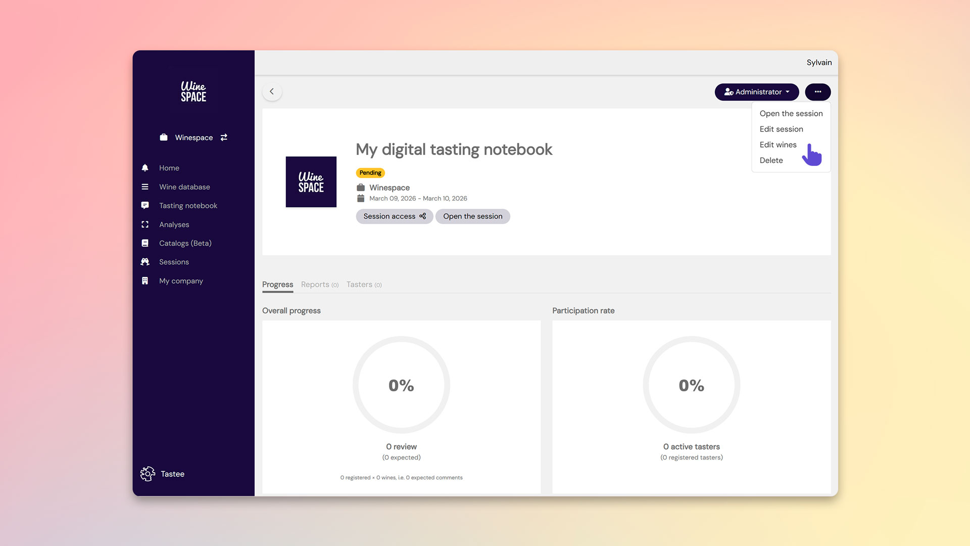 Interfaz de Tastee mostrando la pantalla de edición de la lista de vinos en un cuaderno de cata digital