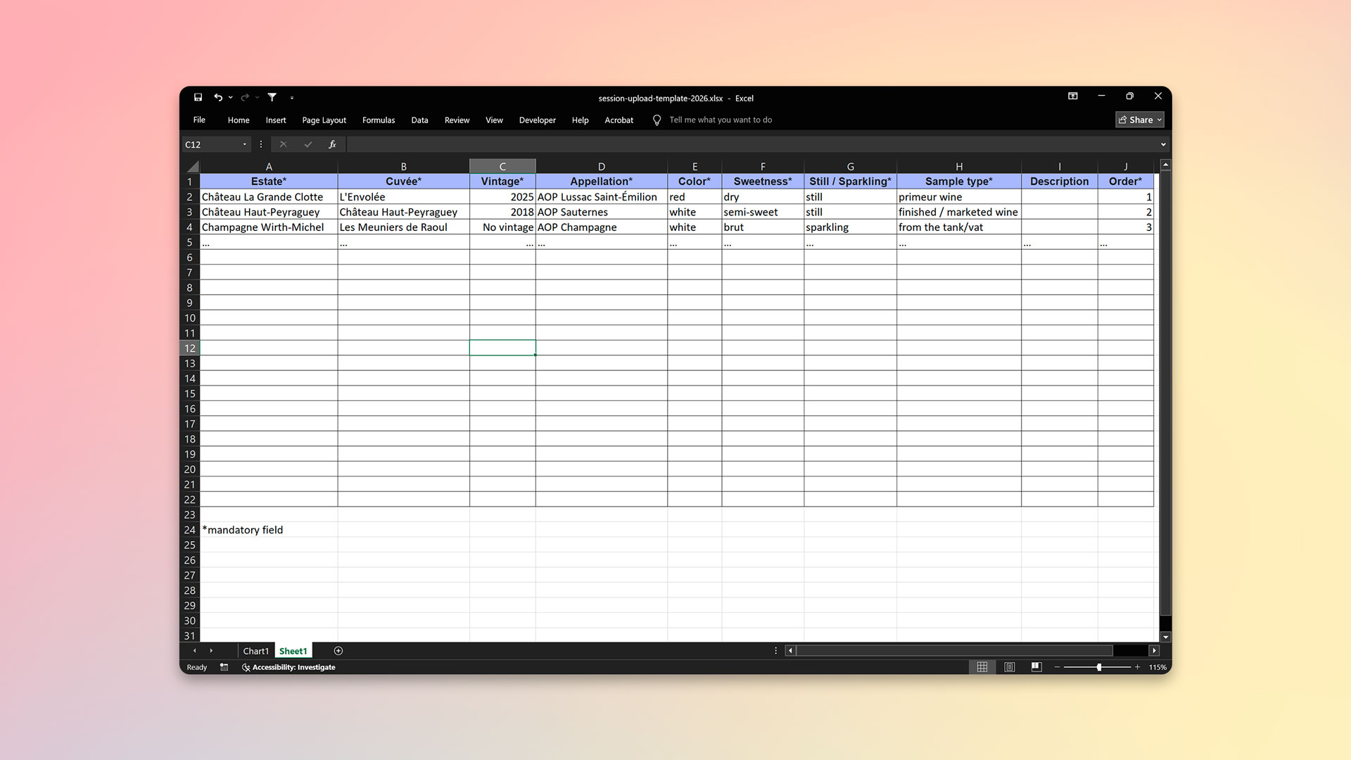 Importación de una lista de vinos mediante Excel o CSV en una sesión de cuaderno de cata Tastee