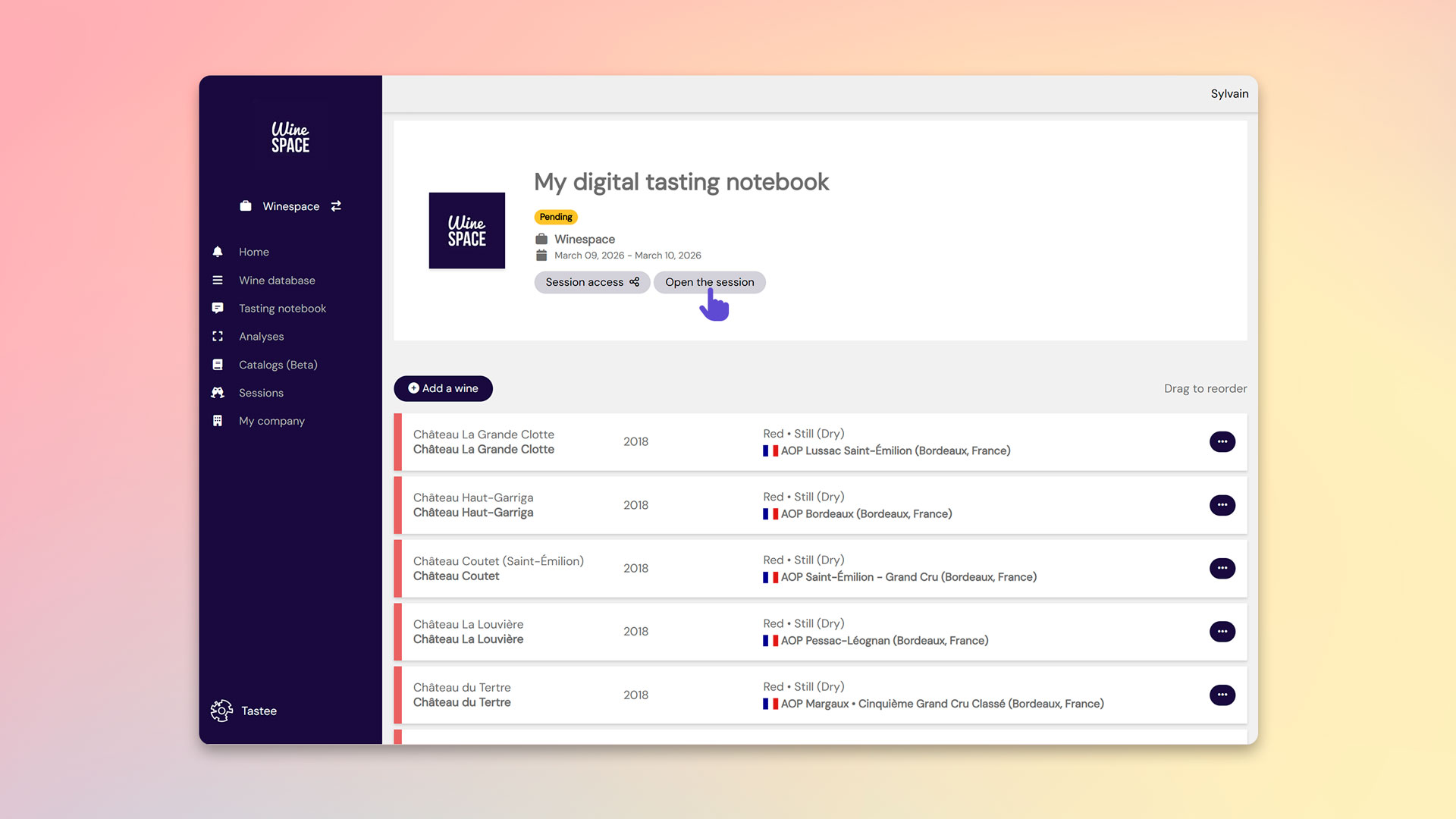 Opciones de estado de una sesión Tastee: En espera, Abierta y Cerrada, para un cuaderno de cata digital