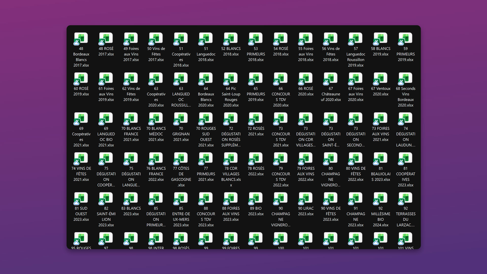 Maqueta de los archivos de cata de Terre de Vins almacenados en múltiples archivos Excel